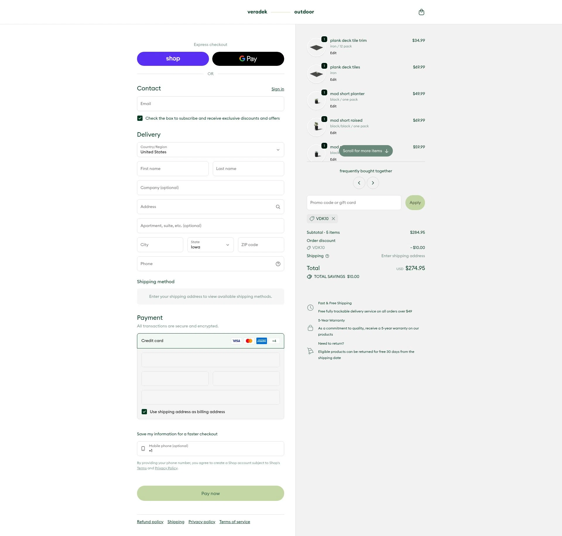 Veradek Outdoor checkout page showing Veradek Outdoor promo code box | Screenshot taken by SimplyCodes community member on Feb 5, 2026