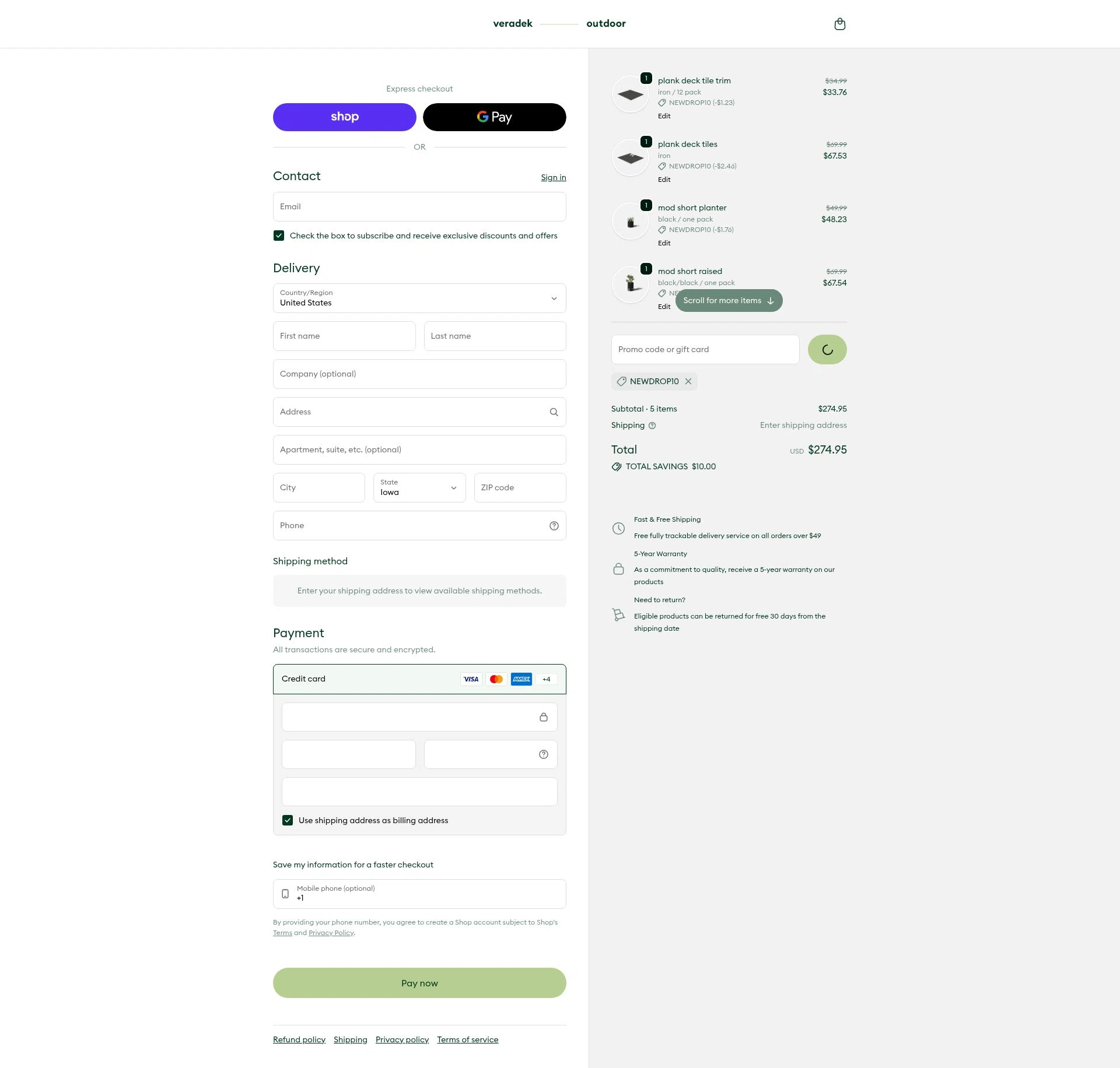 Veradek Outdoor checkout page showing Veradek Outdoor promo code box | Screenshot taken by SimplyCodes community member on Feb 5, 2026