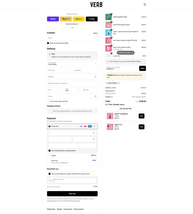 Verb checkout page showing Verb promo code box | Screenshot taken by SimplyCodes community member on Sep 10, 2025