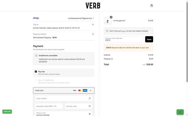 Verb checkout page showing Verb promo code box | Screenshot taken by SimplyCodes community member on Sep 10, 2025