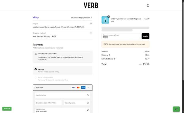 Verb checkout page showing Verb promo code box | Screenshot taken by SimplyCodes community member on Sep 10, 2025