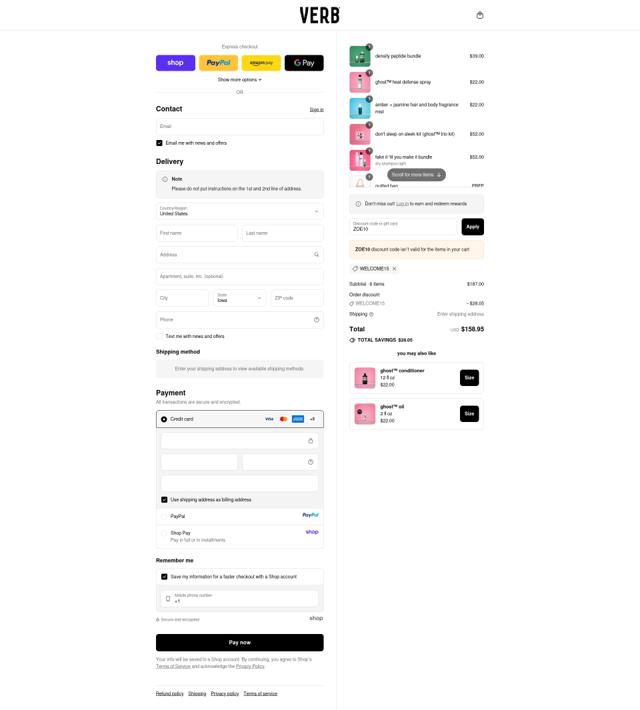 Verb checkout page showing Verb promo code box | Screenshot taken by SimplyCodes community member on Sep 10, 2025