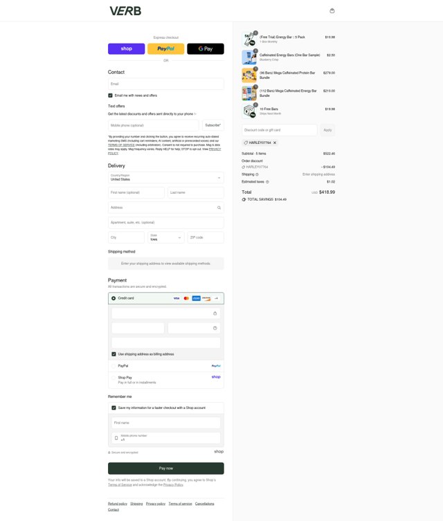 Verb Energy checkout page showing Verb Energy discount code box | Screenshot taken by SimplyCodes community member on Sep 3, 2025