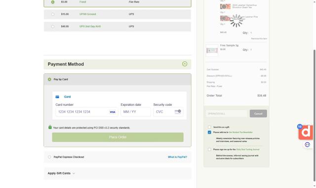 Verdant Tea checkout page showing Verdant Tea discount code box | Screenshot taken by SimplyCodes community member on Mar 26, 2025