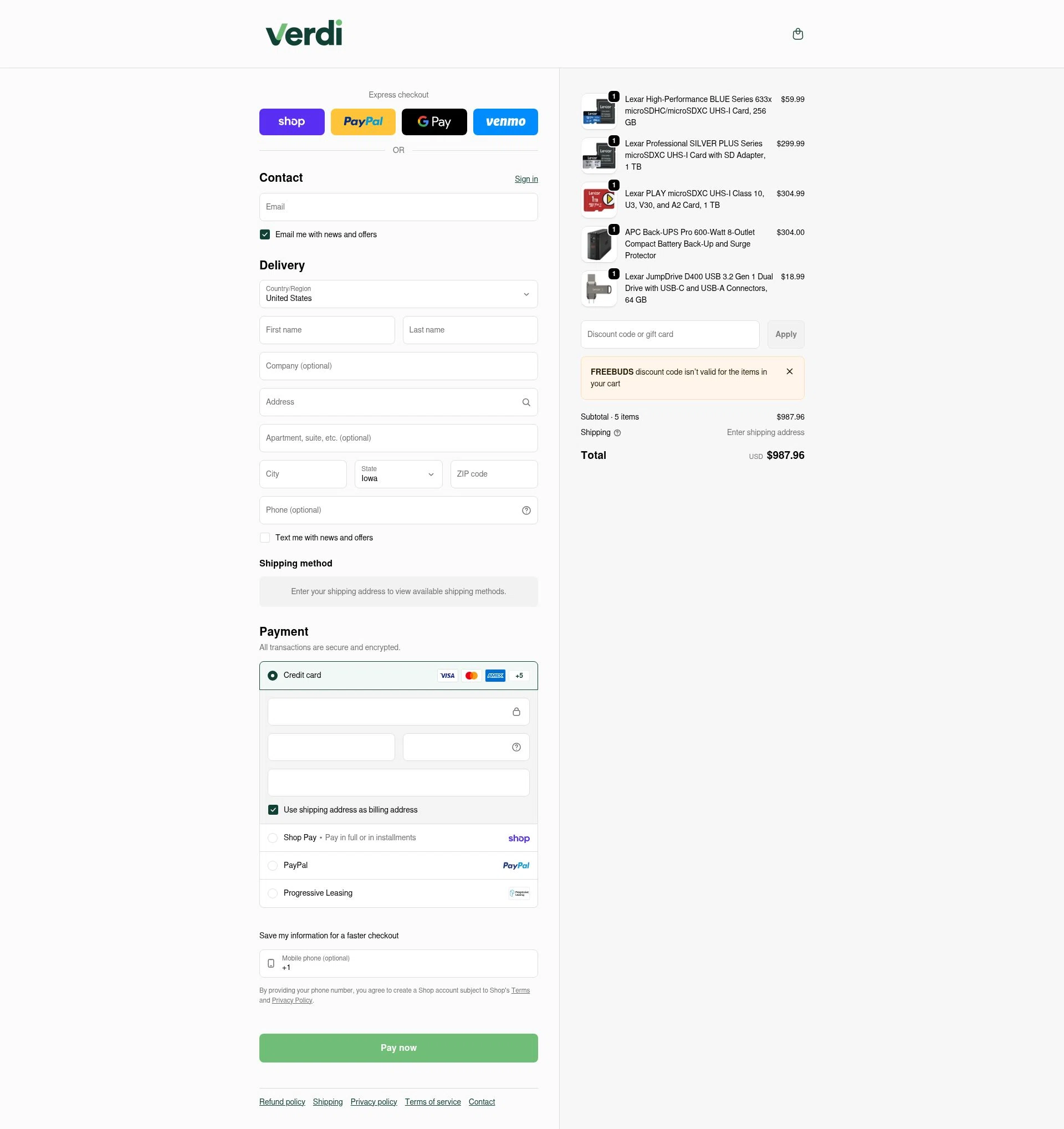 Verdi checkout page showing Verdi discount code box | Screenshot taken by SimplyCodes community member on Feb 1, 2026
