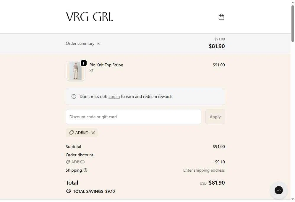 Verge Girl checkout page showing Verge Girl discount code box | Screenshot taken by SimplyCodes community member on Nov 8, 2025