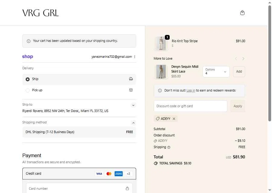 Verge Girl checkout page showing Verge Girl discount code box | Screenshot taken by SimplyCodes community member on Nov 9, 2025