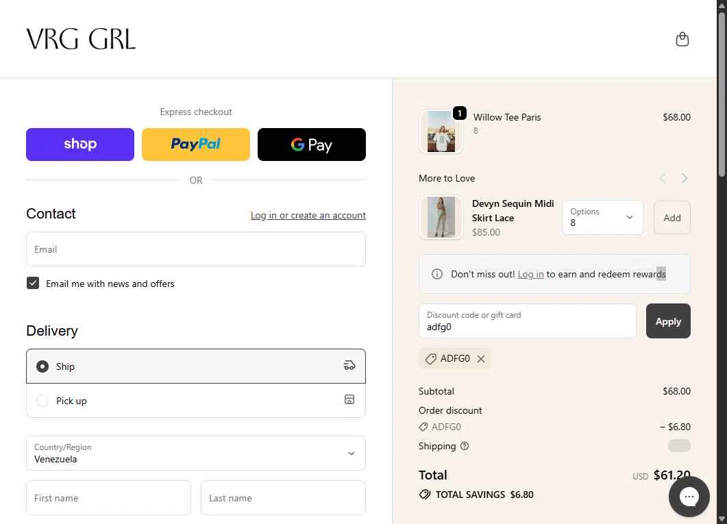 Verge Girl checkout page showing Verge Girl discount code box | Screenshot taken by SimplyCodes community member on Nov 7, 2025