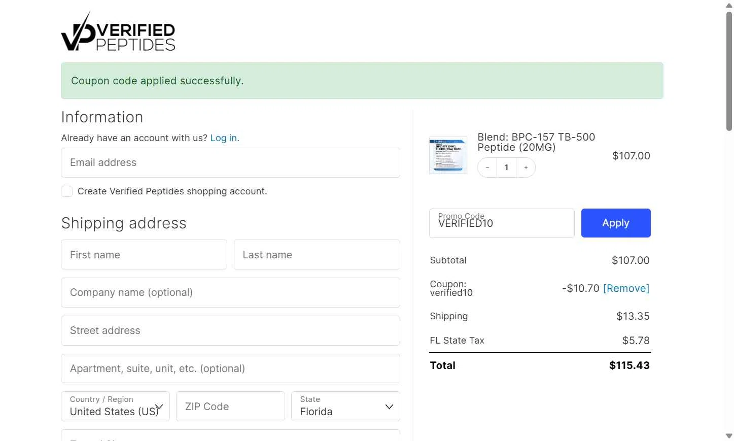 Verified Peptides checkout page showing Verified Peptides coupon code box | Screenshot taken by SimplyCodes community member on Jan 15, 2026
