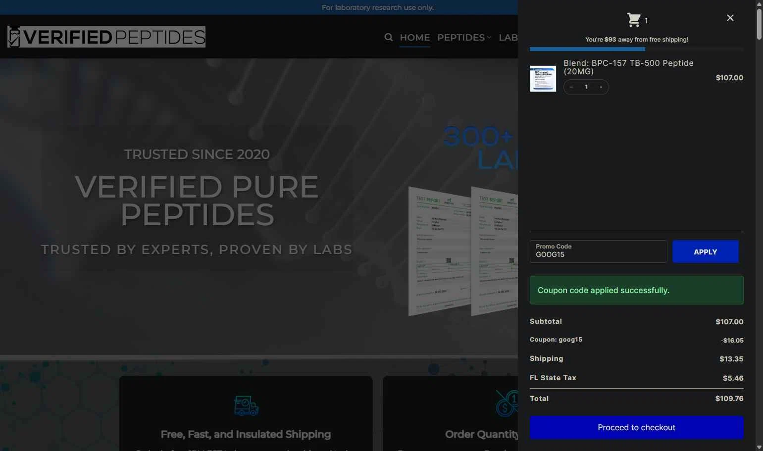 Verified Peptides checkout page showing Verified Peptides coupon code box | Screenshot taken by SimplyCodes community member on Feb 9, 2026