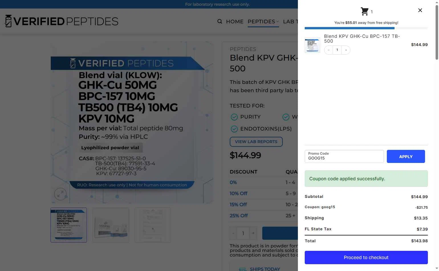 Verified Peptides checkout page showing Verified Peptides coupon code box | Screenshot taken by SimplyCodes community member on Jan 22, 2026