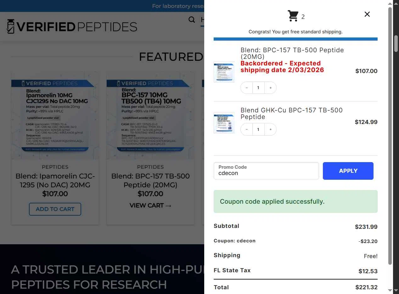 Verified Peptides checkout page showing Verified Peptides coupon code box | Screenshot taken by SimplyCodes community member on Feb 1, 2026