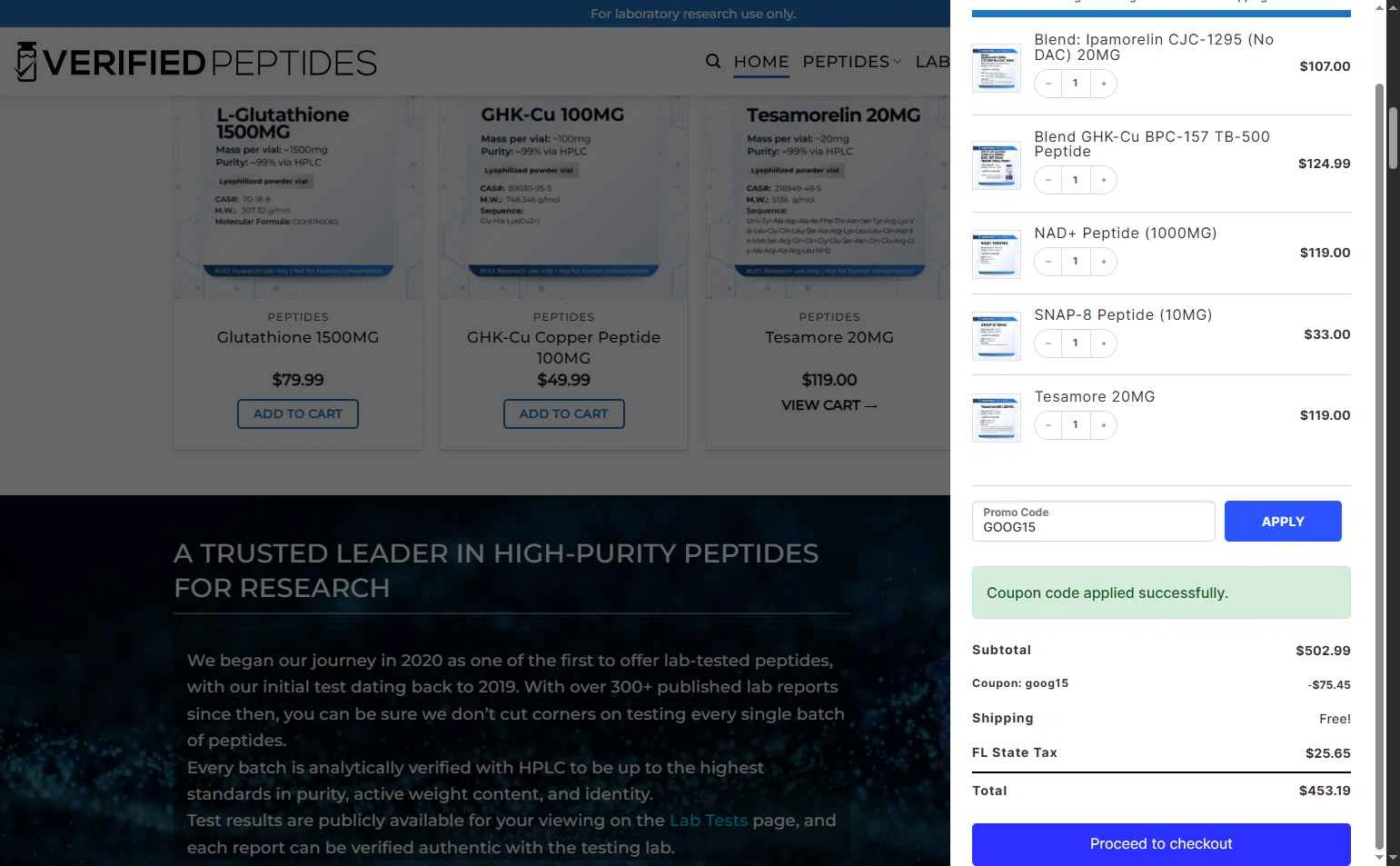 Verified Peptides checkout page showing Verified Peptides coupon code box | Screenshot taken by SimplyCodes community member on Jan 31, 2026
