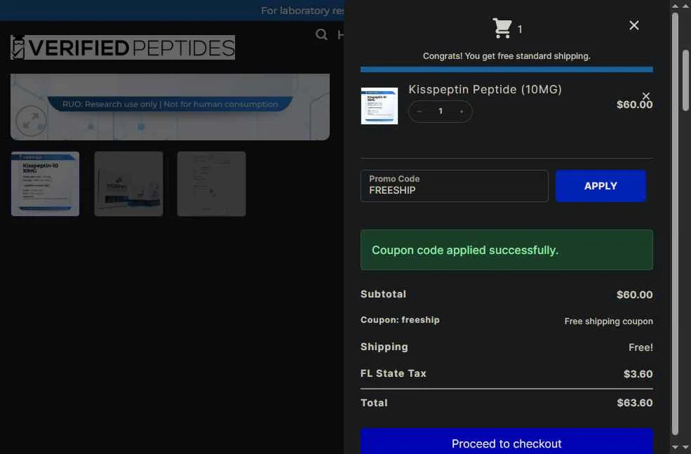 Verified Peptides checkout page showing Verified Peptides coupon code box | Screenshot taken by SimplyCodes community member on Jan 19, 2026