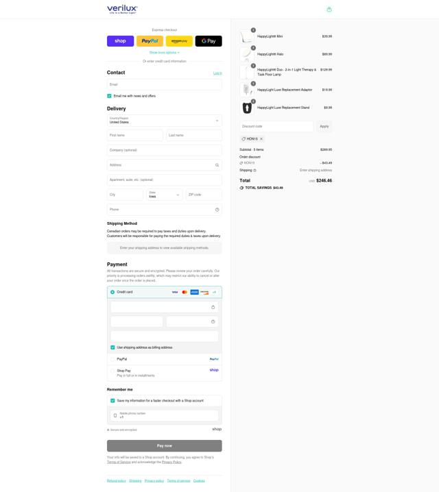 Verilux checkout page showing Verilux promo code box | Screenshot taken by SimplyCodes community member on Sep 4, 2025