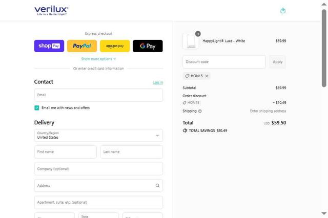 Verilux checkout page showing Verilux promo code box | Screenshot taken by SimplyCodes community member on Aug 22, 2025
