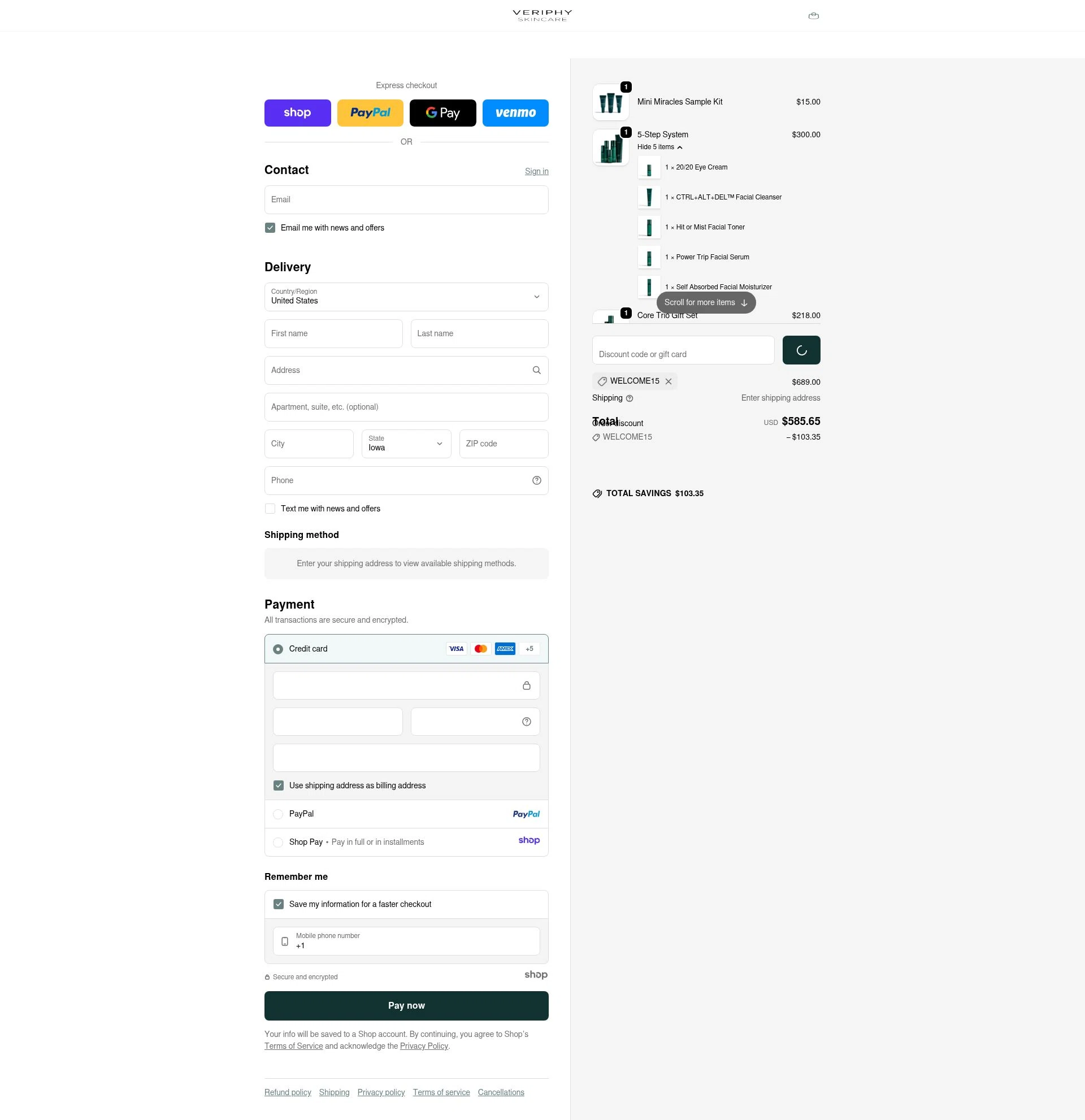 Veriphy Skincare checkout page showing Veriphy Skincare promo code box | Screenshot taken by SimplyCodes community member on Dec 16, 2025