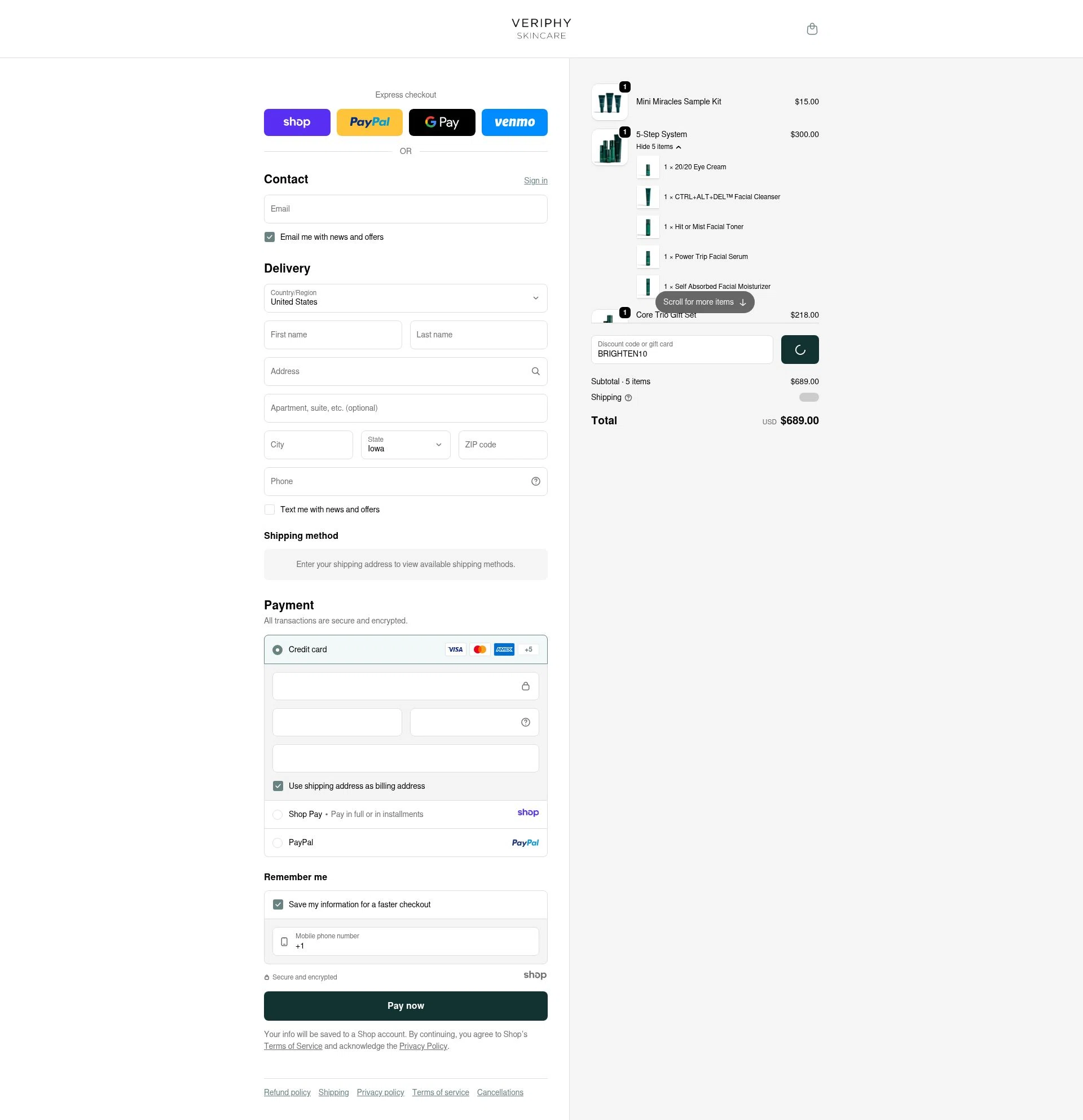 Veriphy Skincare checkout page showing Veriphy Skincare promo code box | Screenshot taken by SimplyCodes community member on Dec 28, 2025