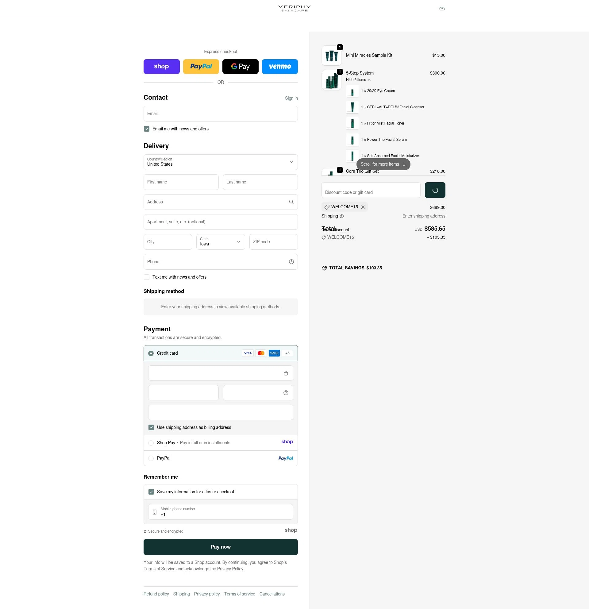 Veriphy Skincare checkout page showing Veriphy Skincare promo code box | Screenshot taken by SimplyCodes community member on Dec 28, 2025