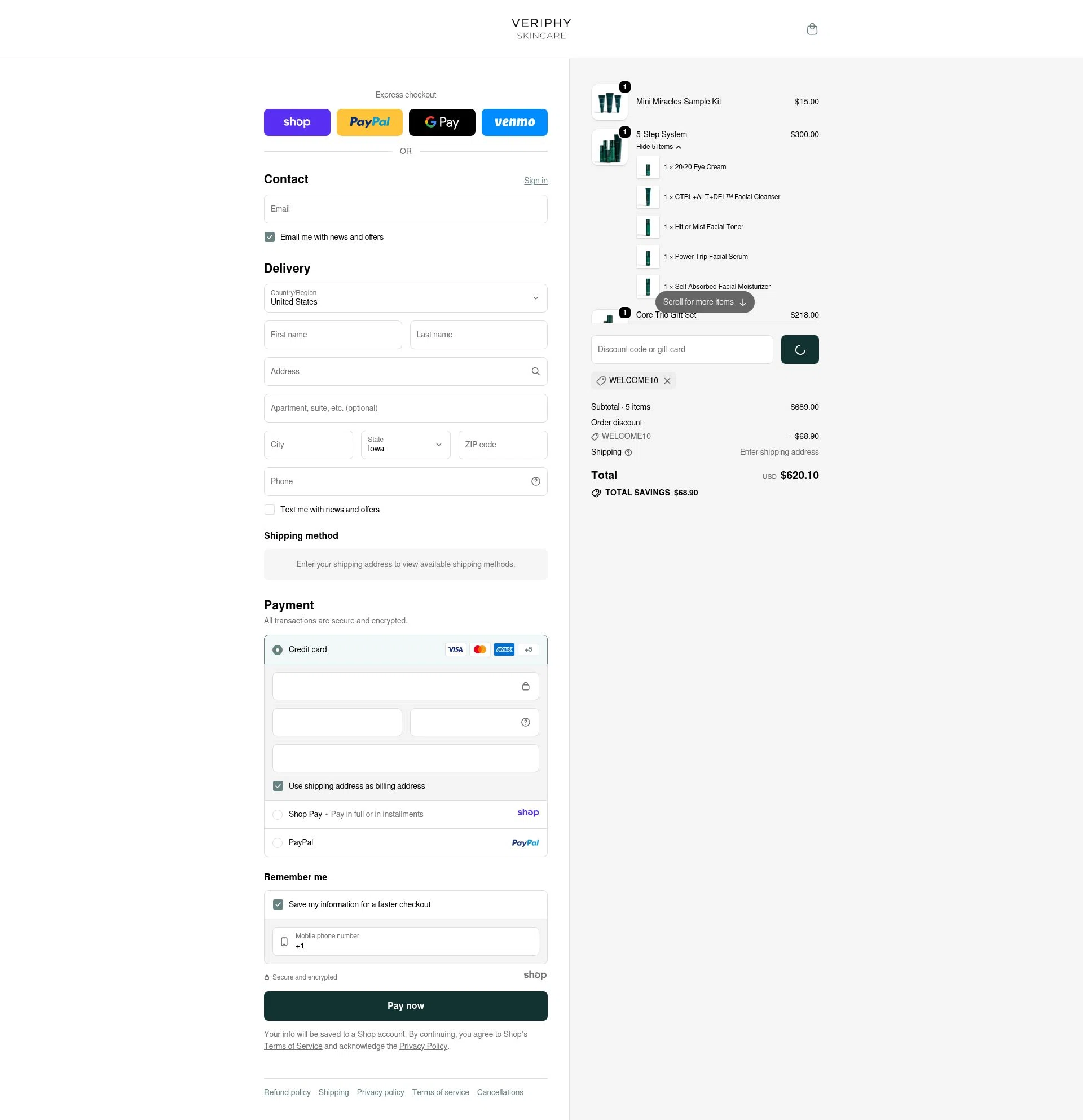 Veriphy Skincare checkout page showing Veriphy Skincare promo code box | Screenshot taken by SimplyCodes community member on Dec 28, 2025