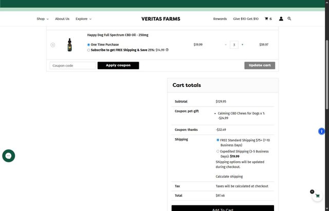 Veritas Farms checkout page showing Veritas Farms coupon code box | Screenshot taken by SimplyCodes community member on Aug 18, 2025