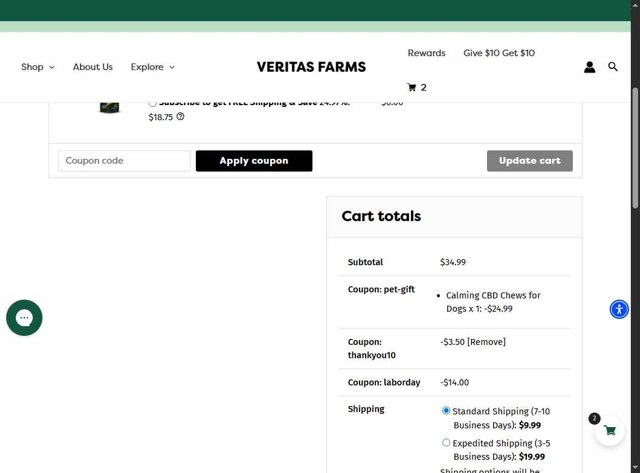 Veritas Farms checkout page showing Veritas Farms coupon code box | Screenshot taken by SimplyCodes community member on Aug 28, 2025