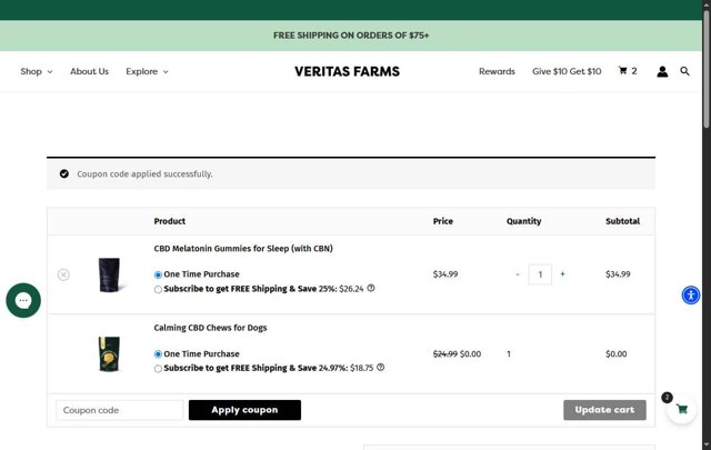 Veritas Farms checkout page showing Veritas Farms coupon code box | Screenshot taken by SimplyCodes community member on Aug 23, 2025