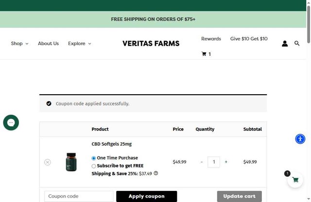 Veritas Farms checkout page showing Veritas Farms coupon code box | Screenshot taken by SimplyCodes community member on Aug 7, 2025