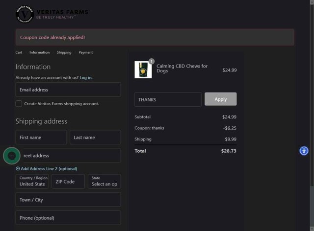 Veritas Farms checkout page showing Veritas Farms coupon code box | Screenshot taken by SimplyCodes community member on Aug 18, 2025