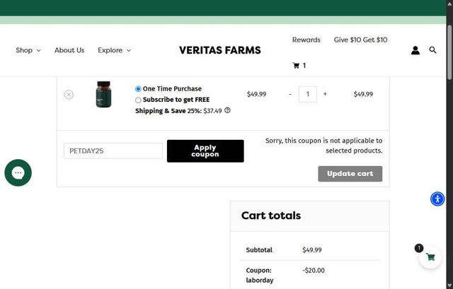 Veritas Farms checkout page showing Veritas Farms coupon code box | Screenshot taken by SimplyCodes community member on Aug 31, 2025