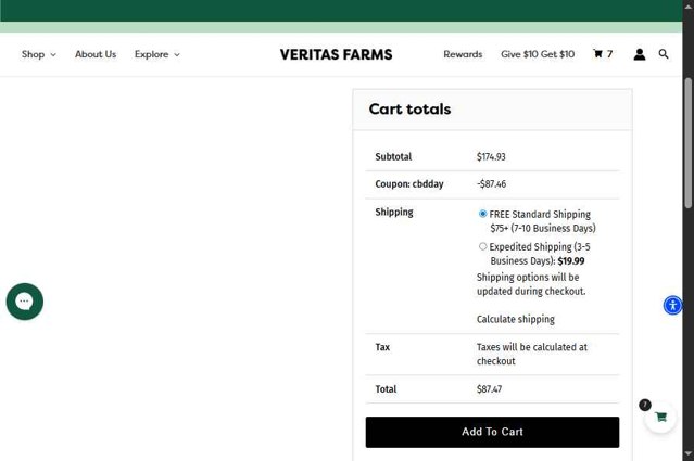 Veritas Farms checkout page showing Veritas Farms coupon code box | Screenshot taken by SimplyCodes community member on Aug 8, 2025