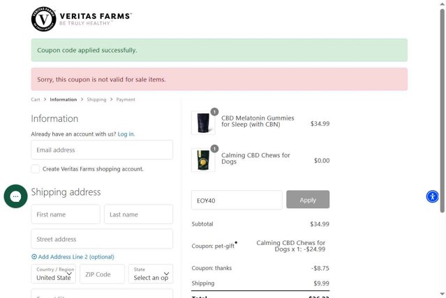 Veritas Farms checkout page showing Veritas Farms coupon code box | Screenshot taken by SimplyCodes community member on Aug 18, 2025