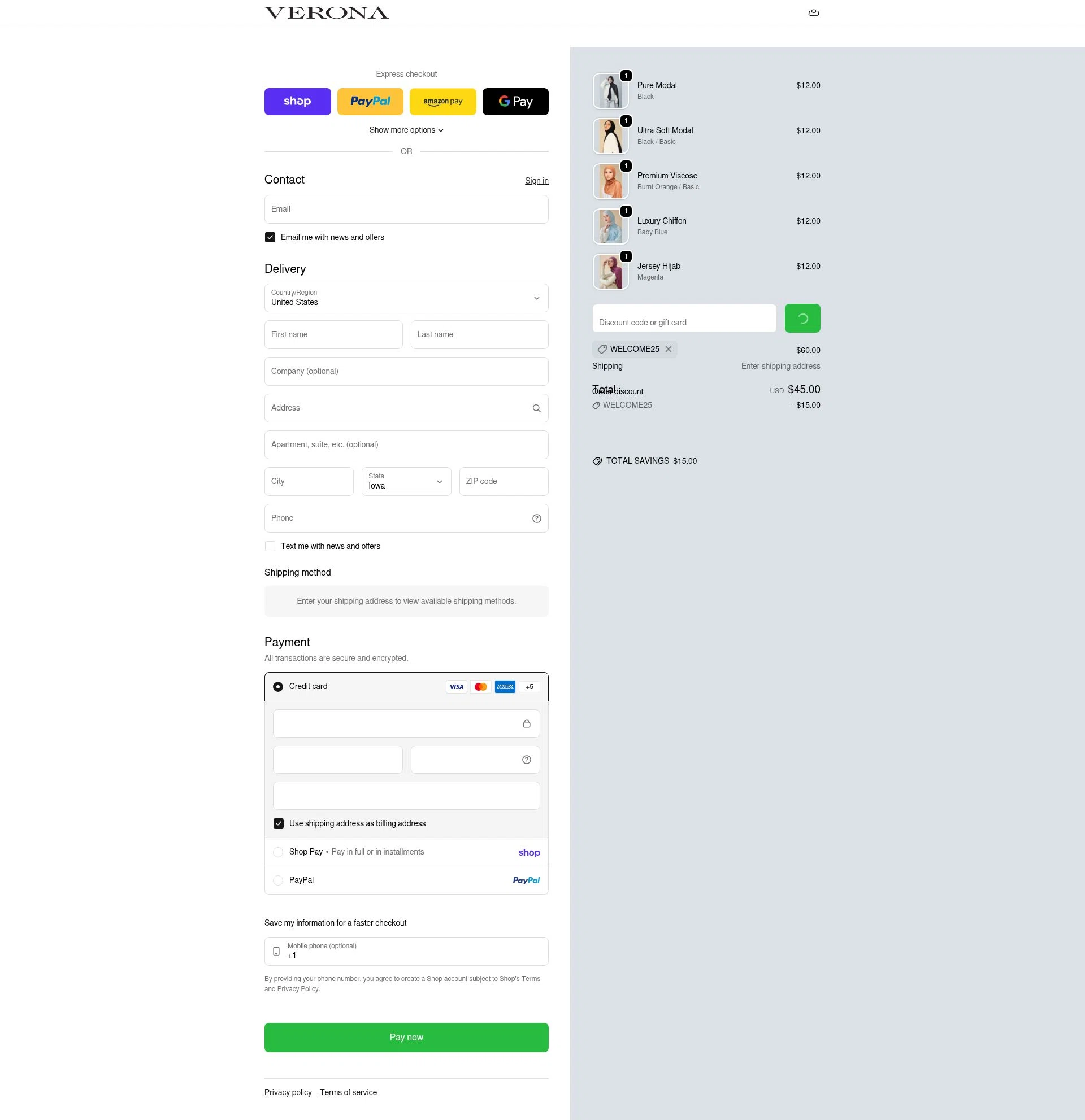 Verona Collection checkout page showing Verona Collection promo code box | Screenshot taken by SimplyCodes community member on Feb 1, 2026