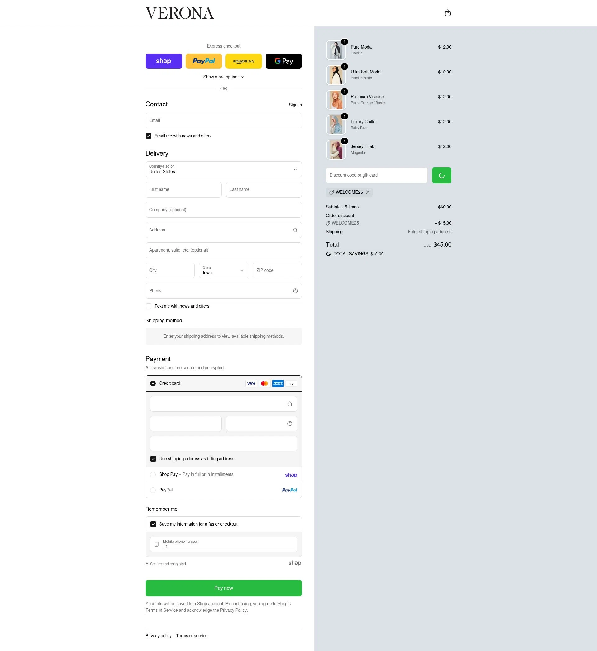Verona Collection checkout page showing Verona Collection promo code box | Screenshot taken by SimplyCodes community member on Jan 23, 2026
