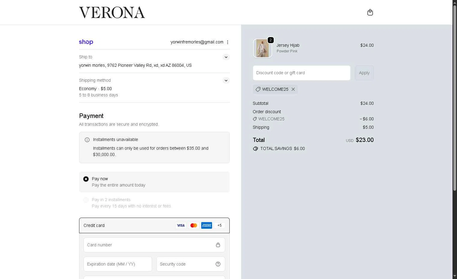 Verona Collection checkout page showing Verona Collection promo code box | Screenshot taken by SimplyCodes community member on Jan 24, 2026