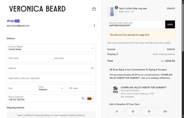 Veronica Beard checkout page showing Veronica Beard coupon code box | Screenshot taken by SimplyCodes community member on May 7, 2025