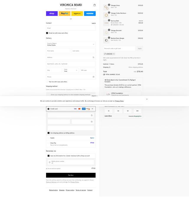 Veronica Beard checkout page showing Veronica Beard coupon code box | Screenshot taken by SimplyCodes community member on Aug 29, 2025