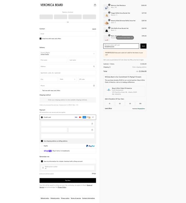 Veronica Beard checkout page showing Veronica Beard coupon code box | Screenshot taken by SimplyCodes community member on Mar 17, 2025