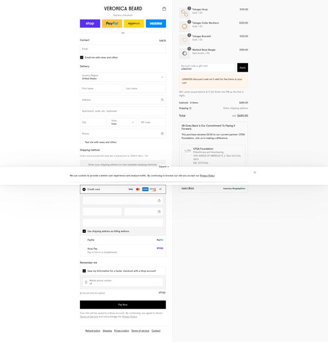 Veronica Beard checkout page showing Veronica Beard coupon code box | Screenshot taken by SimplyCodes community member on Sep 3, 2025