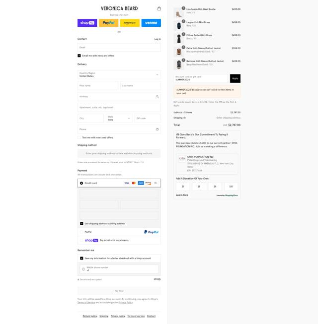 Veronica Beard checkout page showing Veronica Beard coupon code box | Screenshot taken by SimplyCodes community member on Jul 26, 2025