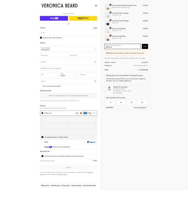 Veronica Beard checkout page showing Veronica Beard coupon code box | Screenshot taken by SimplyCodes community member on May 22, 2025