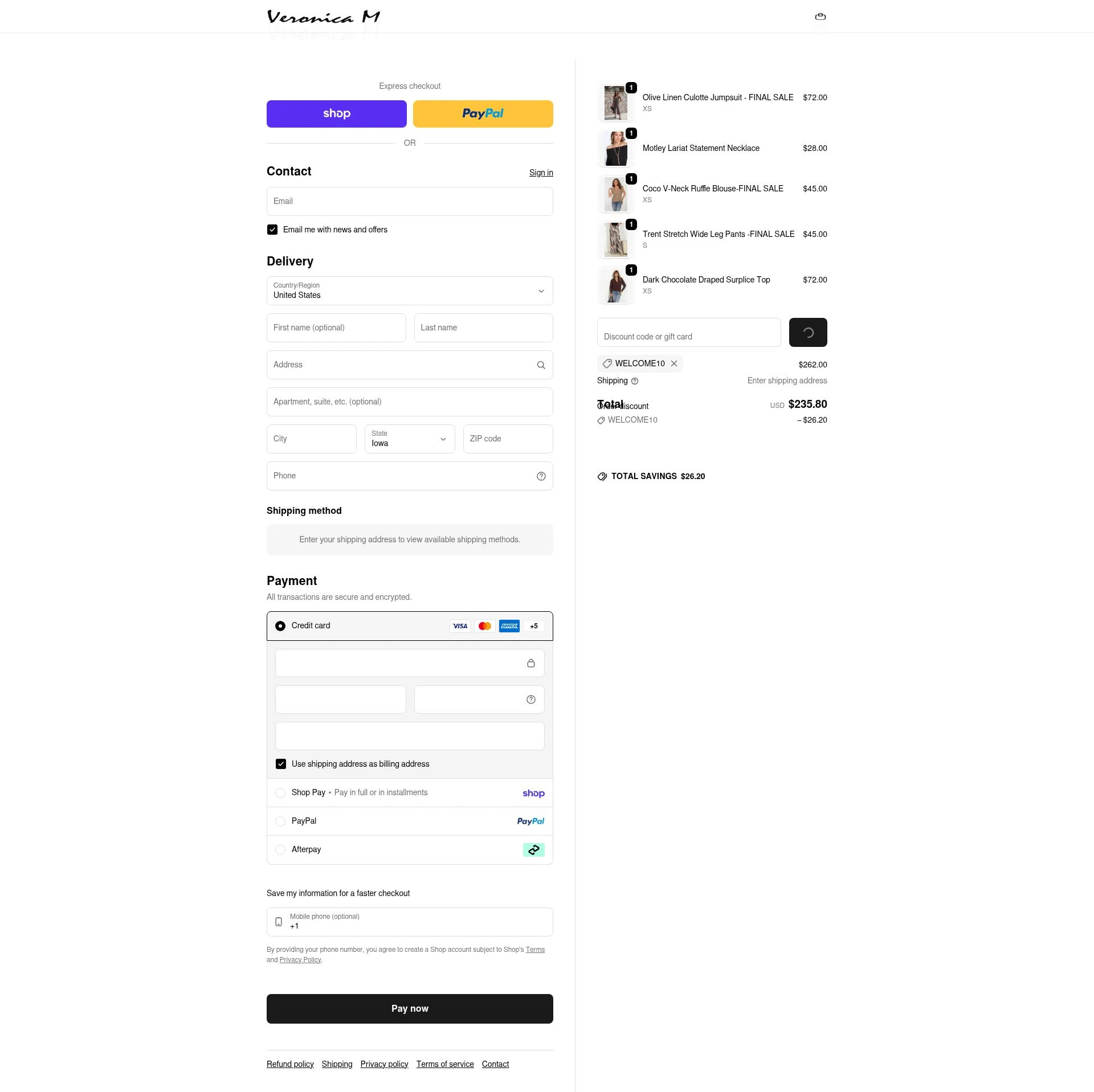 Veronica M checkout page showing Veronica M coupon code box | Screenshot taken by SimplyCodes community member on Feb 9, 2026