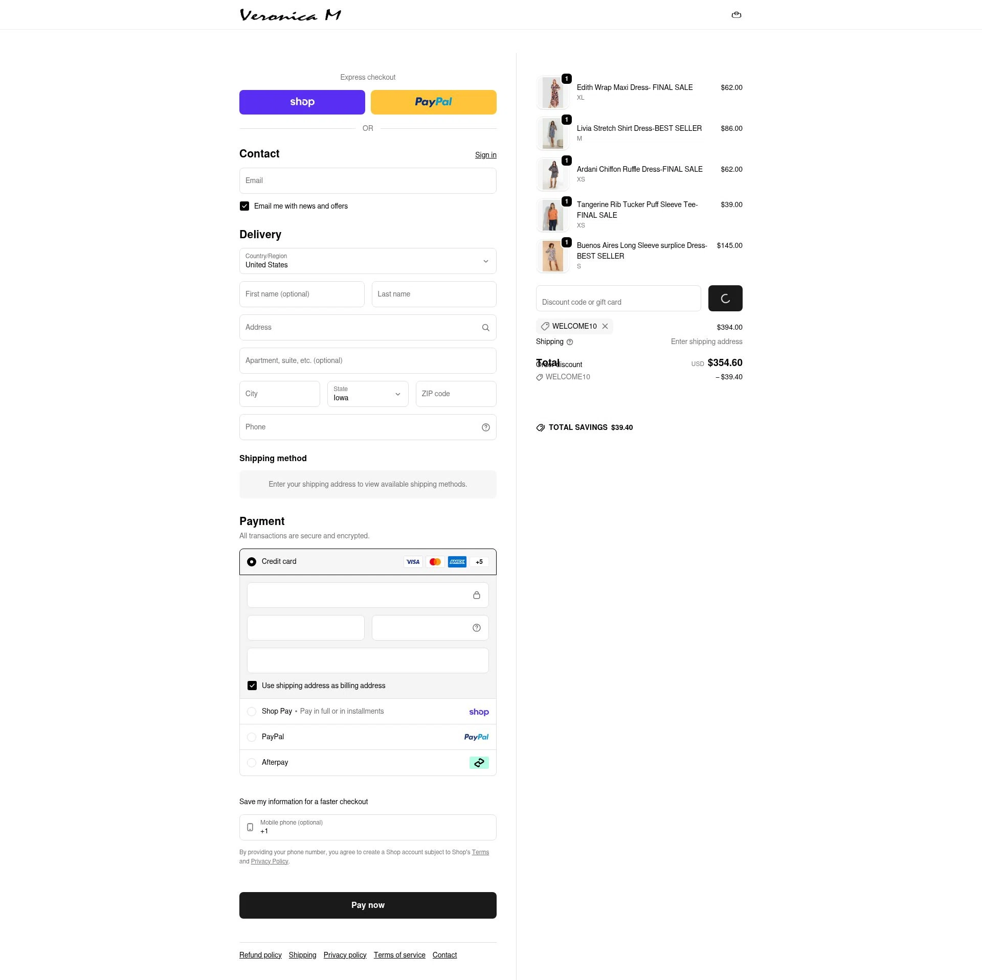 Veronica M checkout page showing Veronica M coupon code box | Screenshot taken by SimplyCodes community member on Feb 18, 2026