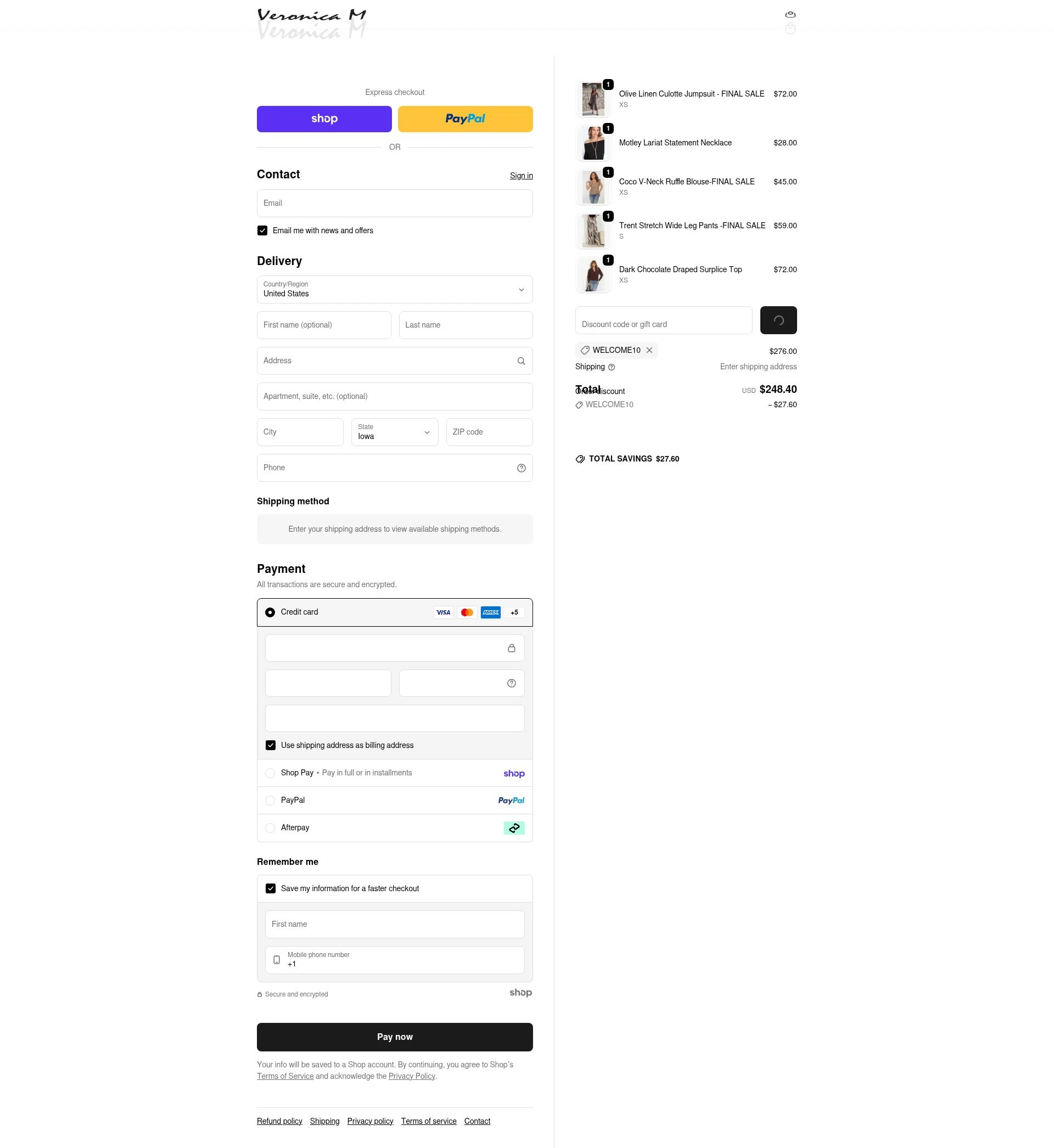 Veronica M checkout page showing Veronica M coupon code box | Screenshot taken by SimplyCodes community member on Jan 27, 2026