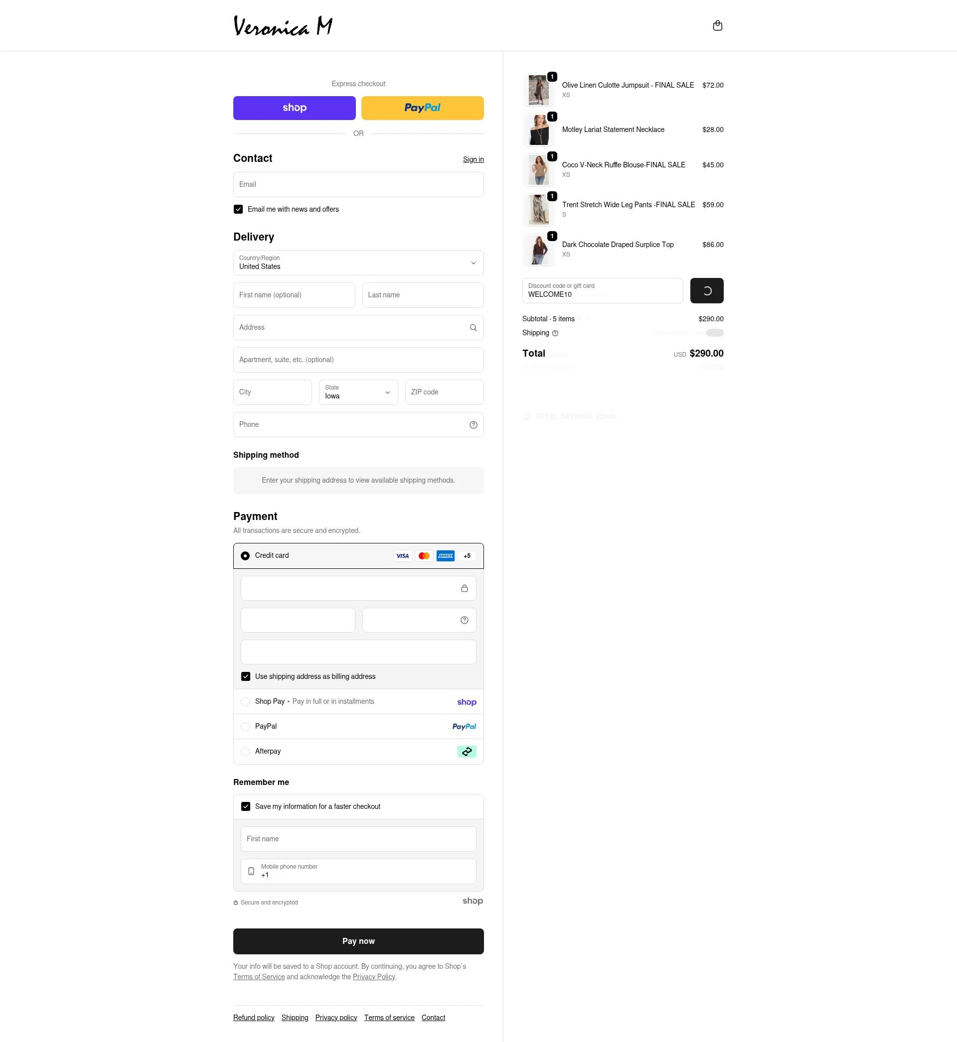 Veronica M checkout page showing Veronica M coupon code box | Screenshot taken by SimplyCodes community member on Jan 22, 2026