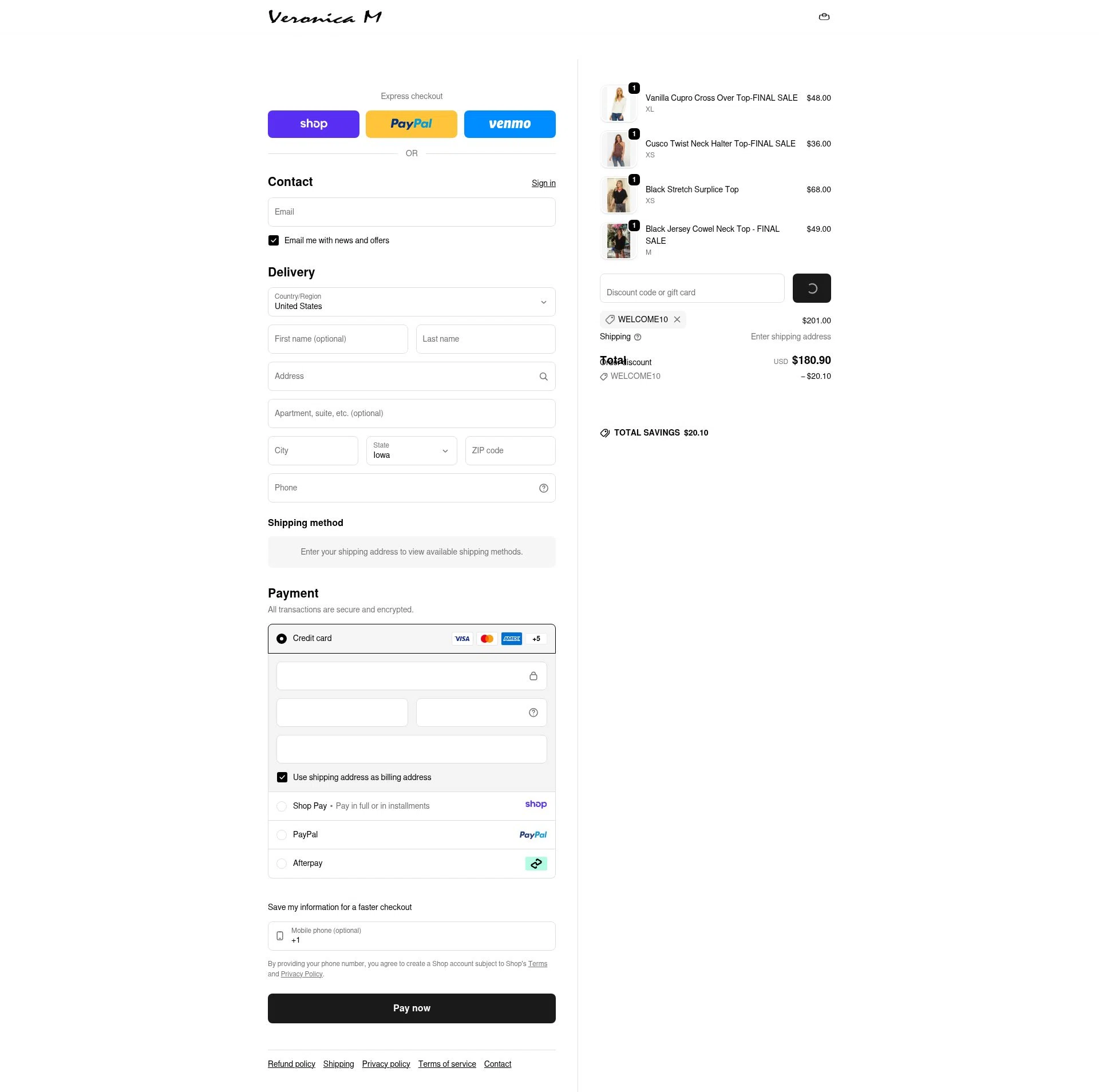 Veronica M checkout page showing Veronica M coupon code box | Screenshot taken by SimplyCodes community member on Jan 12, 2026
