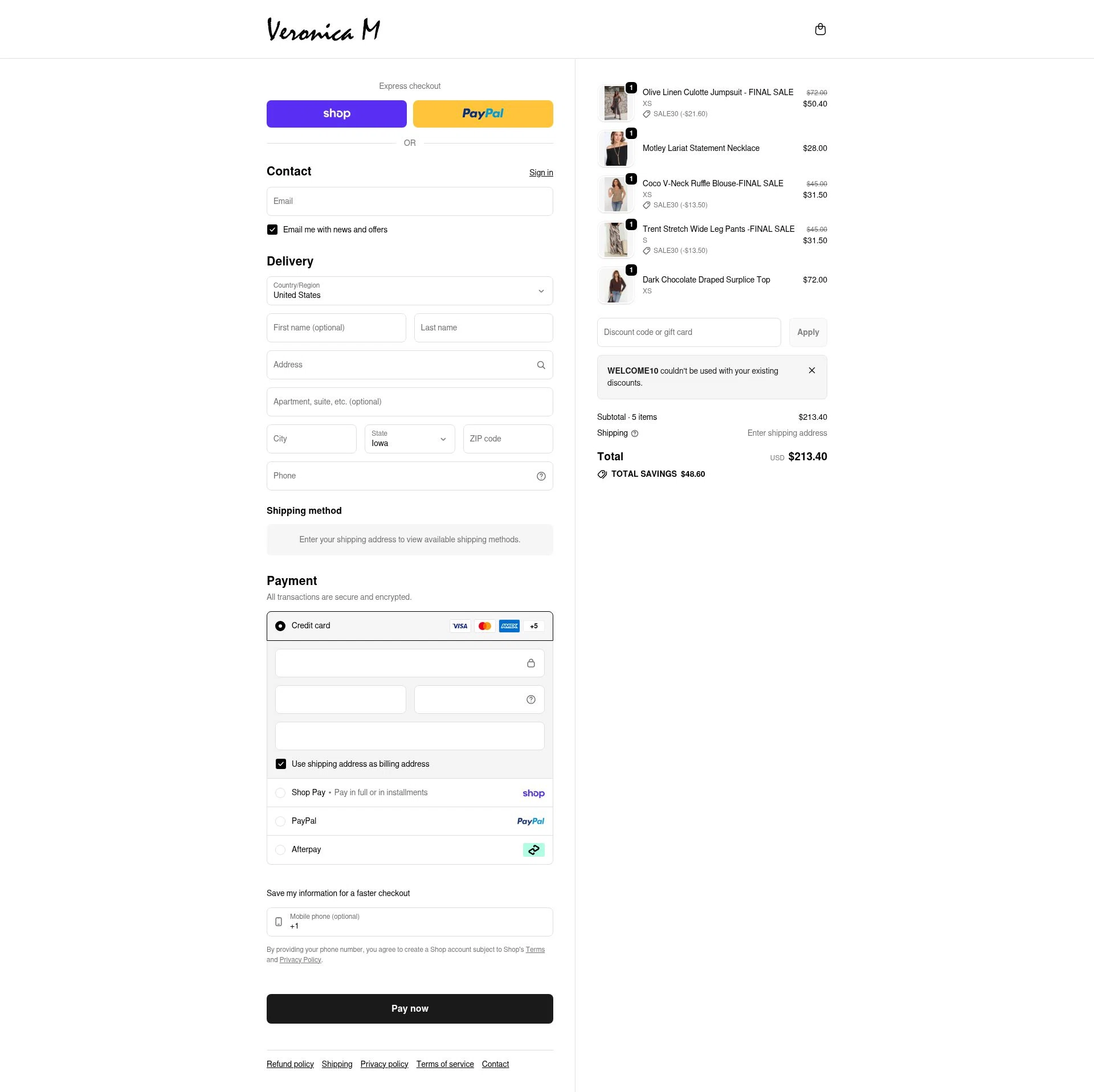 Veronica M checkout page showing Veronica M coupon code box | Screenshot taken by SimplyCodes community member on Feb 13, 2026