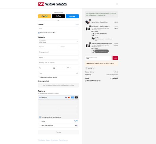 VersaGripps.com checkout page showing VersaGripps.com promo code box | Screenshot taken by SimplyCodes community member on Sep 10, 2025
