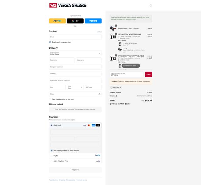 VersaGripps.com checkout page showing VersaGripps.com promo code box | Screenshot taken by SimplyCodes community member on Sep 10, 2025