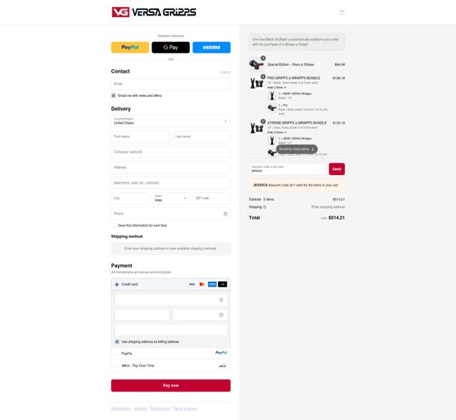 VersaGripps.com checkout page showing VersaGripps.com promo code box | Screenshot taken by SimplyCodes community member on Sep 10, 2025